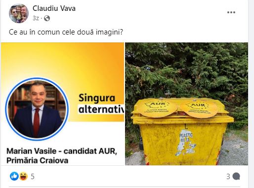 Un candidat la primăria Craiova (Claudiu Vava) compară AUR Dolj cu un tomberon